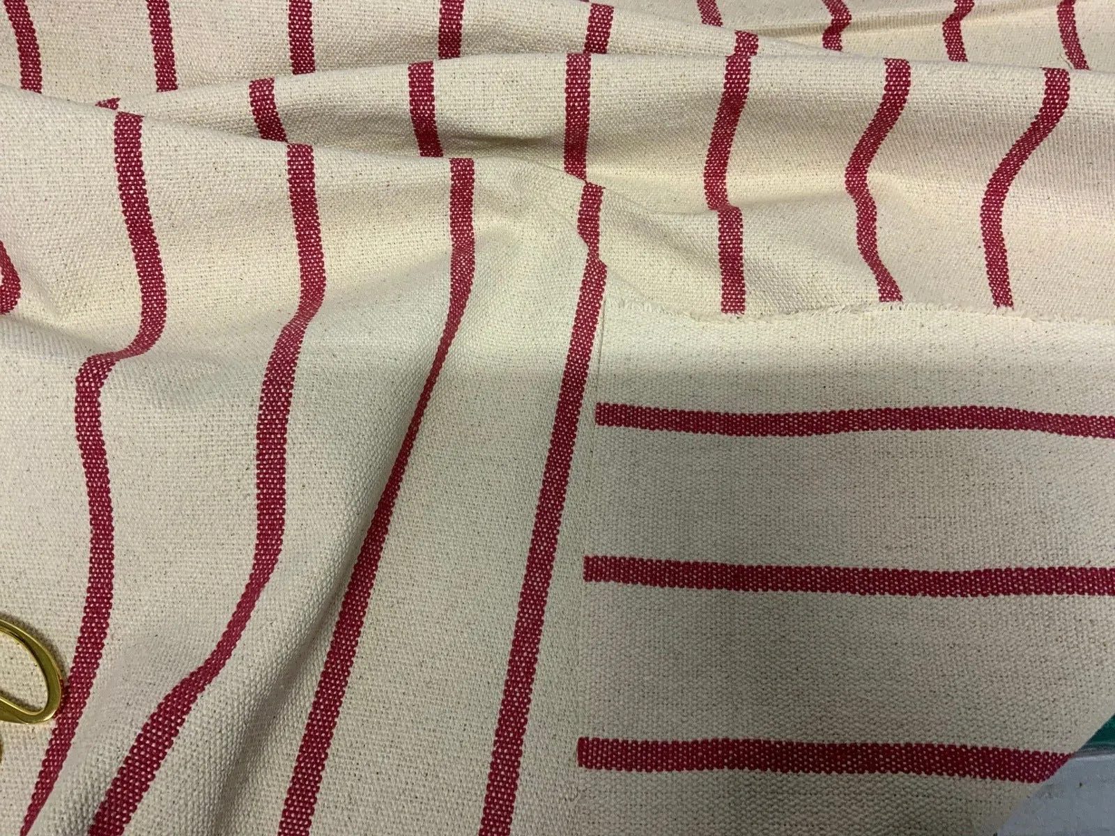 RED STRIPE - Heavy Hopsack Furnishing / Upholstery Fabric - pure Cotton