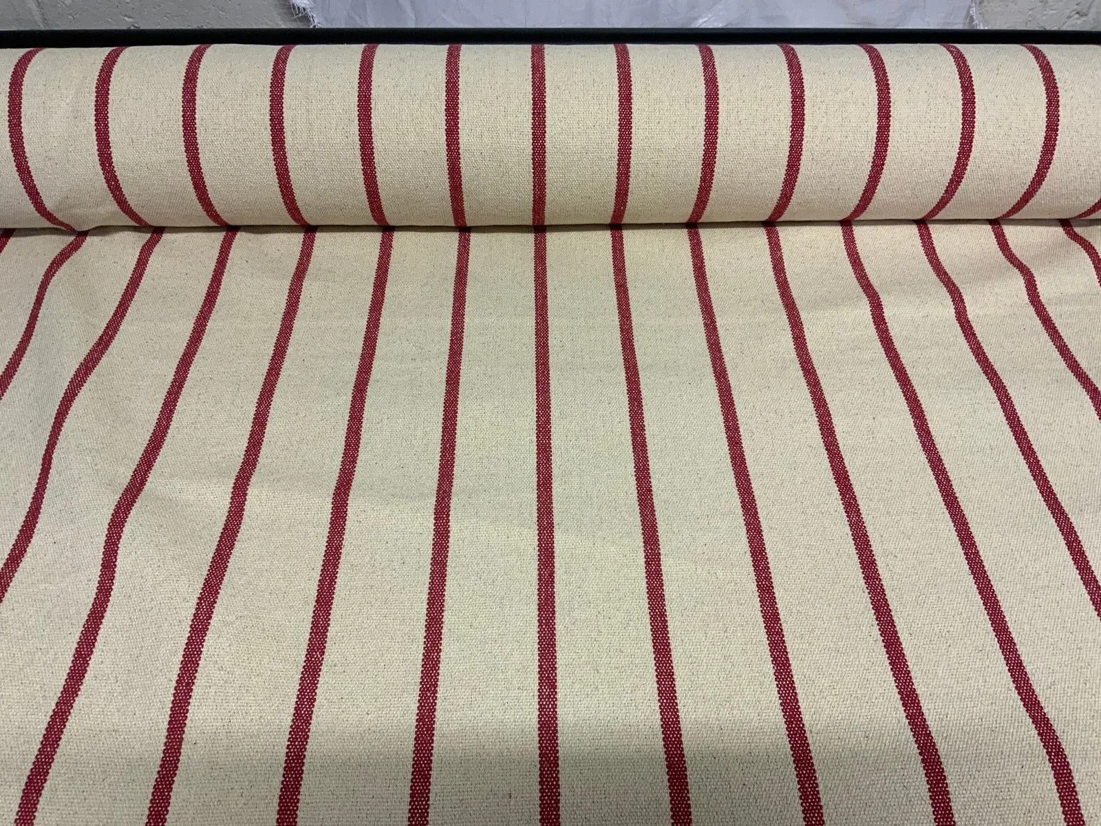 RED STRIPE - Heavy Hopsack Furnishing / Upholstery Fabric - pure Cotton