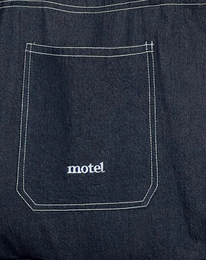 Ruka Tote Bag in Denim Indigo with White Motel Embroidery