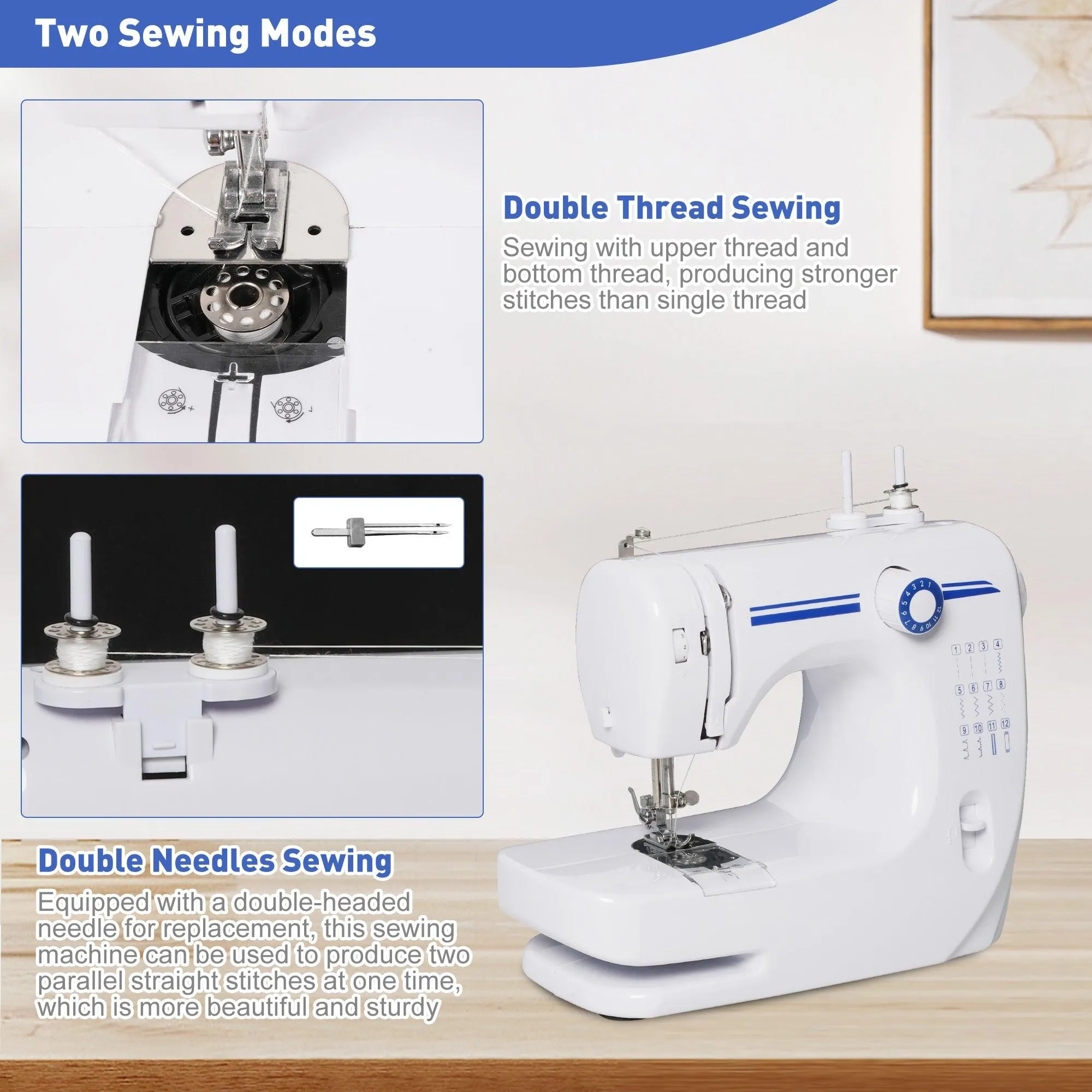 Sewing Machine Two Speed Beginner, Kids Mini Sewing Machine Reverse Sewing, 12 Stitch Pattern, Blue, White