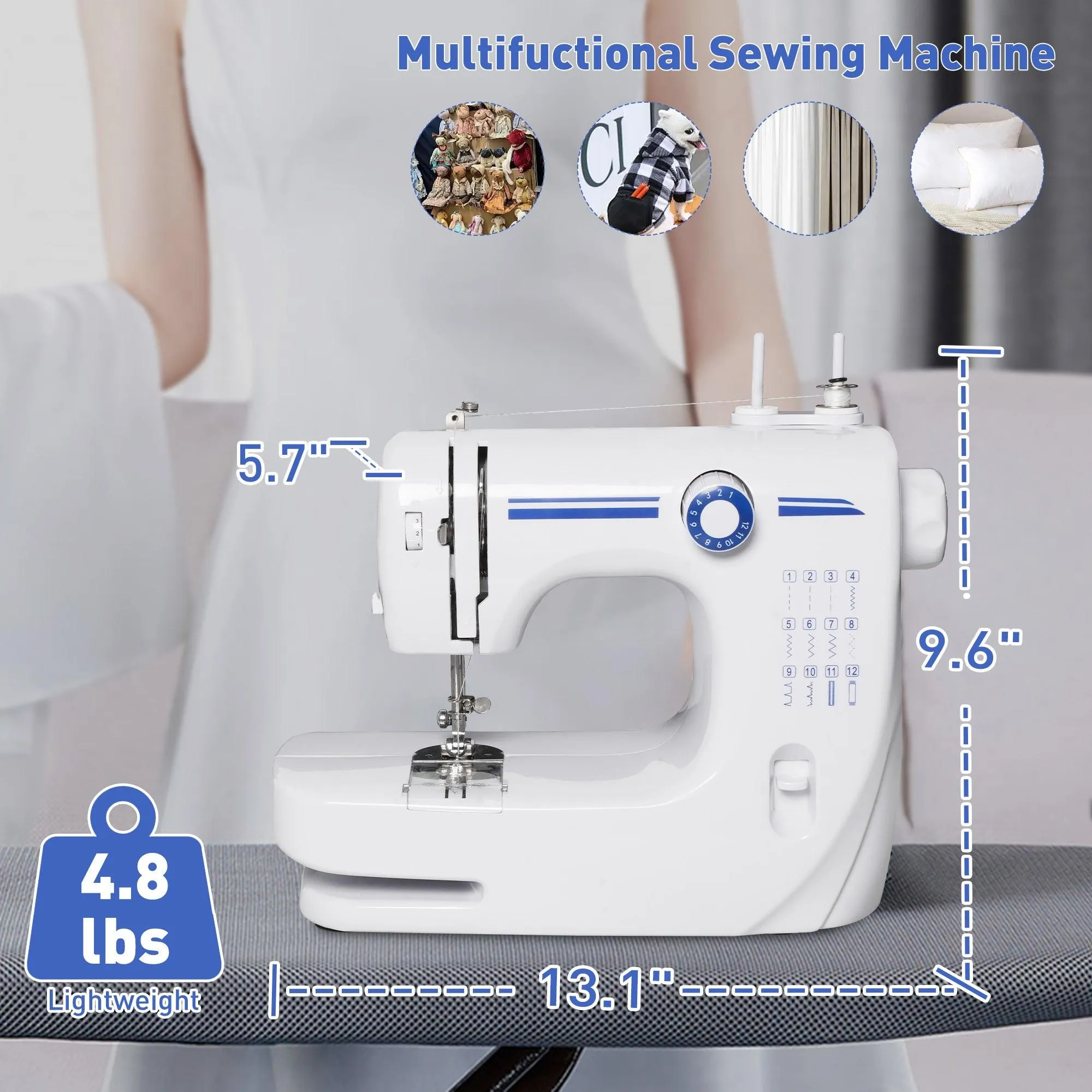 Sewing Machine Two Speed Beginner, Kids Mini Sewing Machine Reverse Sewing, 12 Stitch Pattern, Blue, White