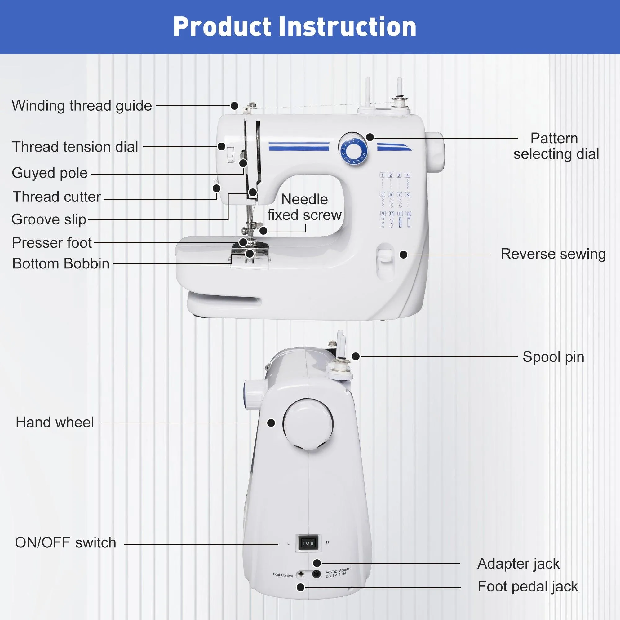 Sewing Machine Two Speed Beginner, Kids Mini Sewing Machine Reverse Sewing, 12 Stitch Pattern, Blue, White