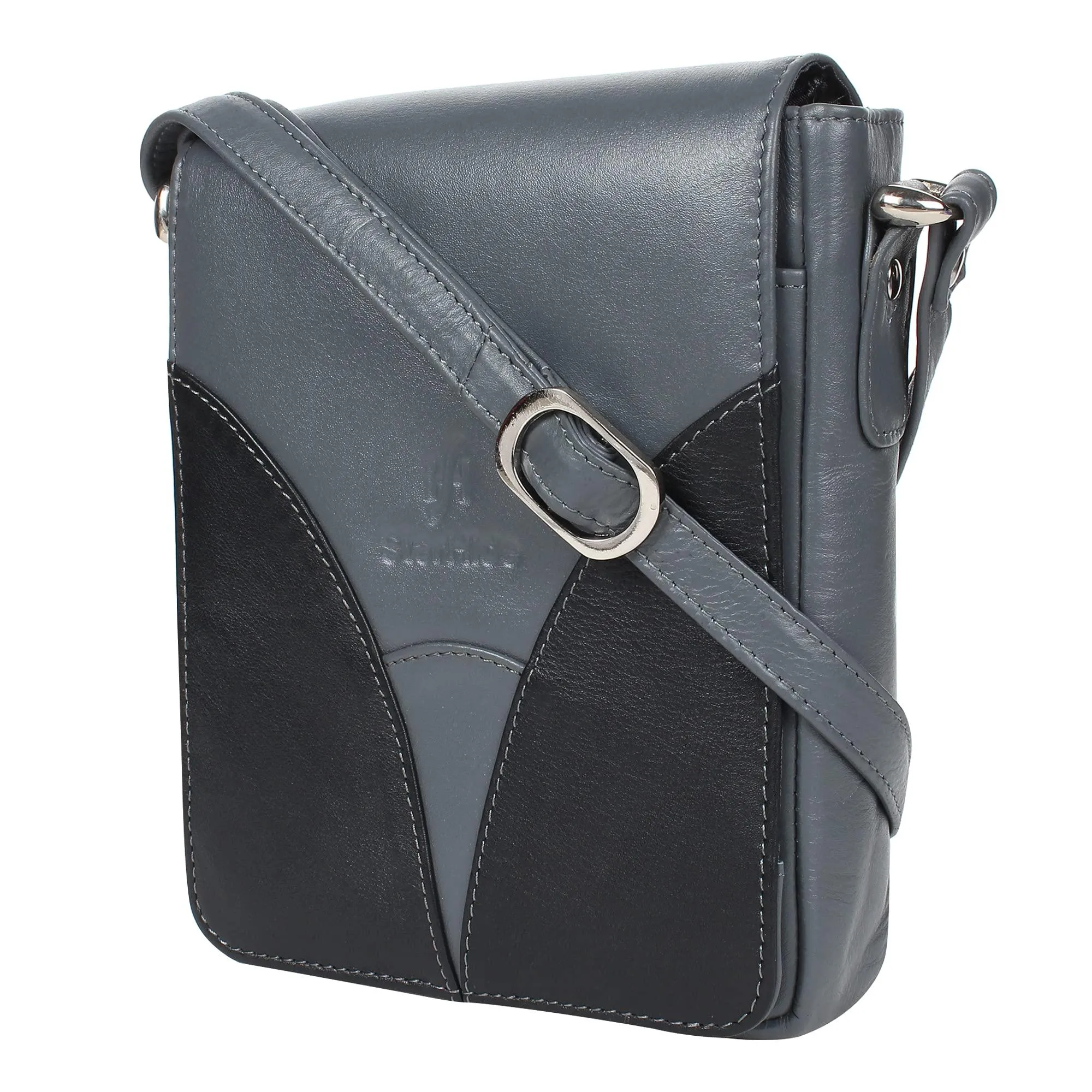 STARHIDE Ladies Soft Premium Leather Shoulder/Cross Body Bag with Front Flip Opening 570 (Grey/Black)