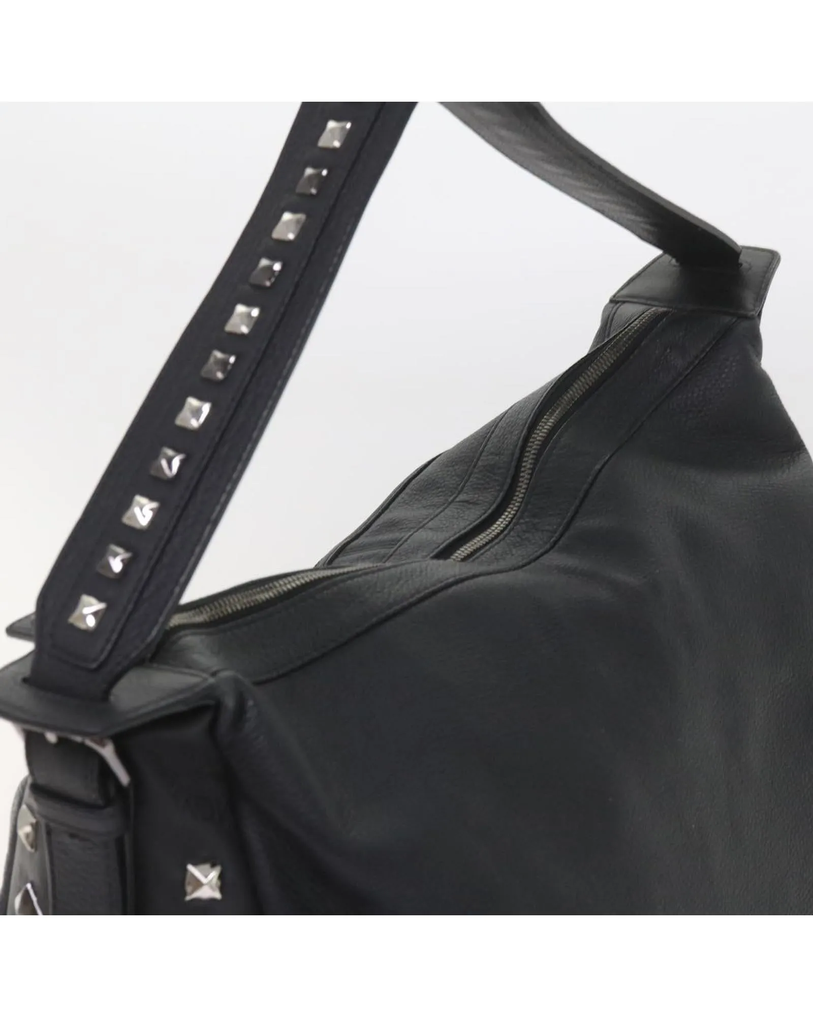 Studded Black PVC Leather Shoulder Bag with Logo Print