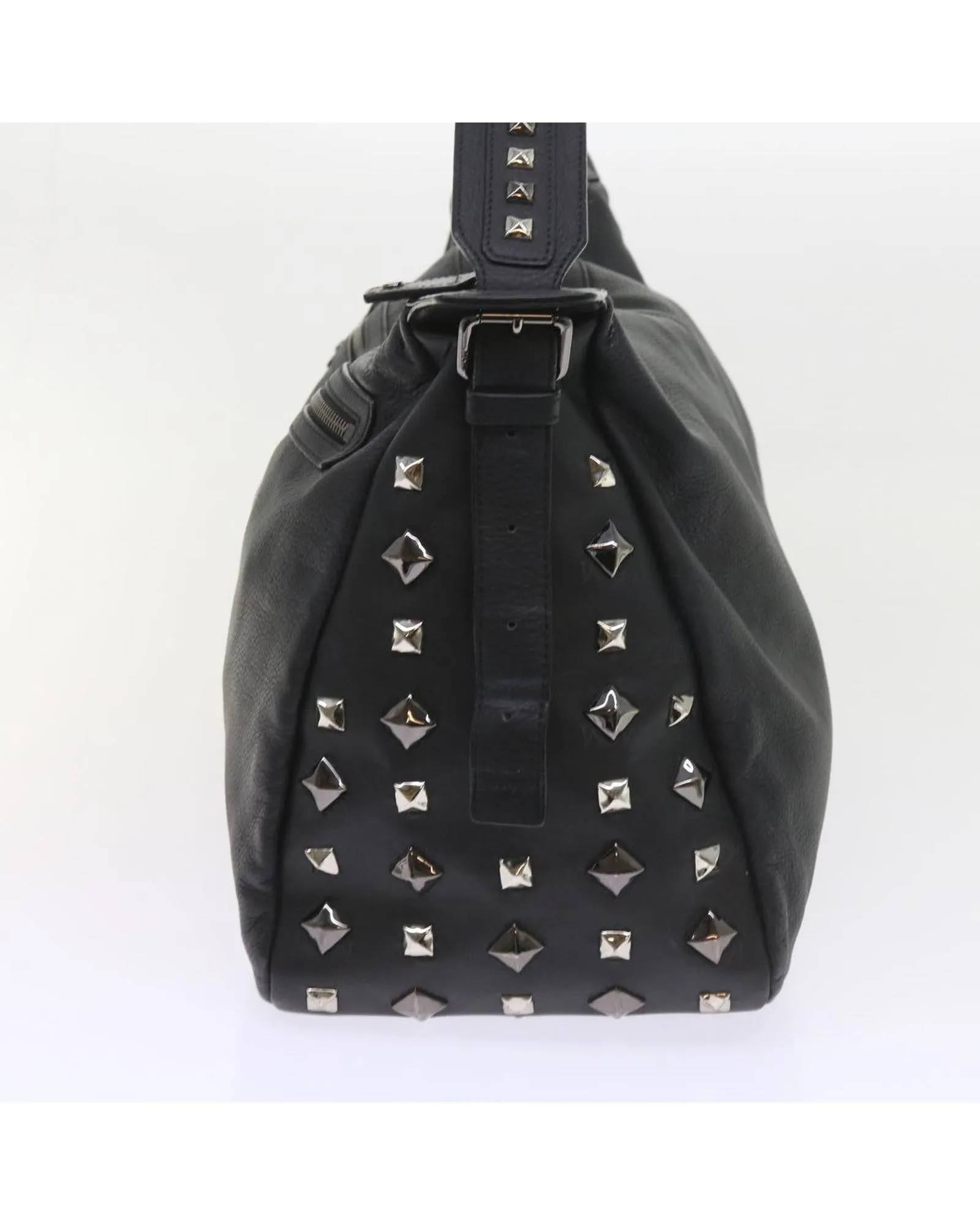 Studded Black PVC Leather Shoulder Bag with Logo Print