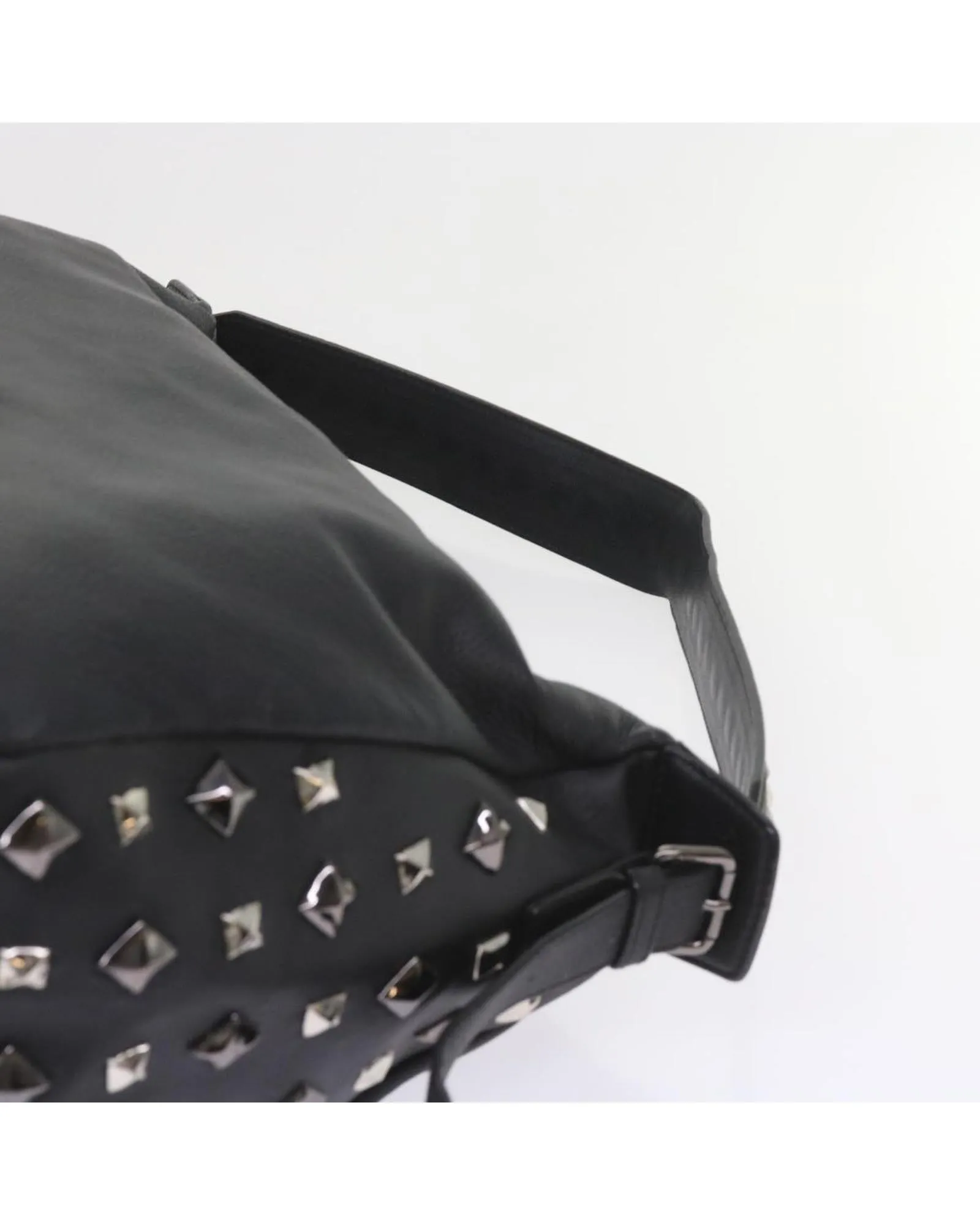 Studded Black PVC Leather Shoulder Bag with Logo Print