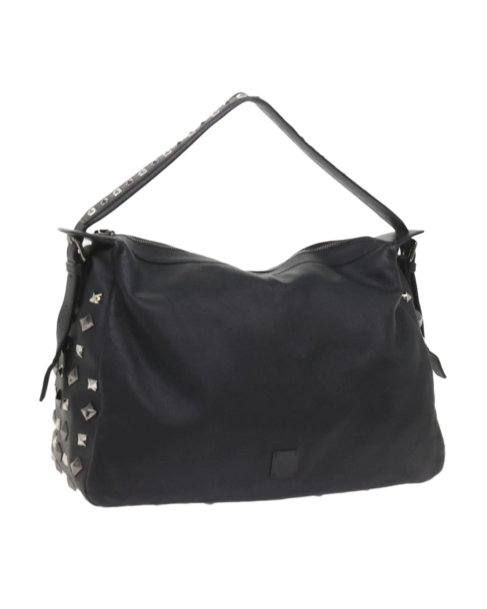 Studded Black PVC Leather Shoulder Bag with Logo Print