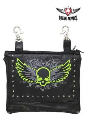 Studded Naked Cowhide Leather Lime Green Winged Skull Belt Bag