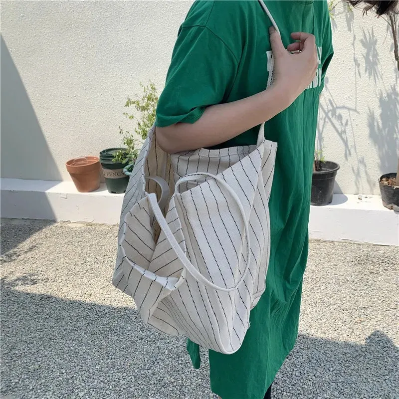 TAVIMART  -  Women Simple Casual Striped Tote Large Capacity Ins Canvas Large Capacity Handbag Multifunctional Shopping Bag