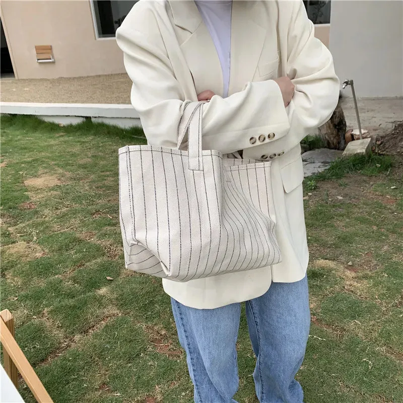 TAVIMART  -  Women Simple Casual Striped Tote Large Capacity Ins Canvas Large Capacity Handbag Multifunctional Shopping Bag