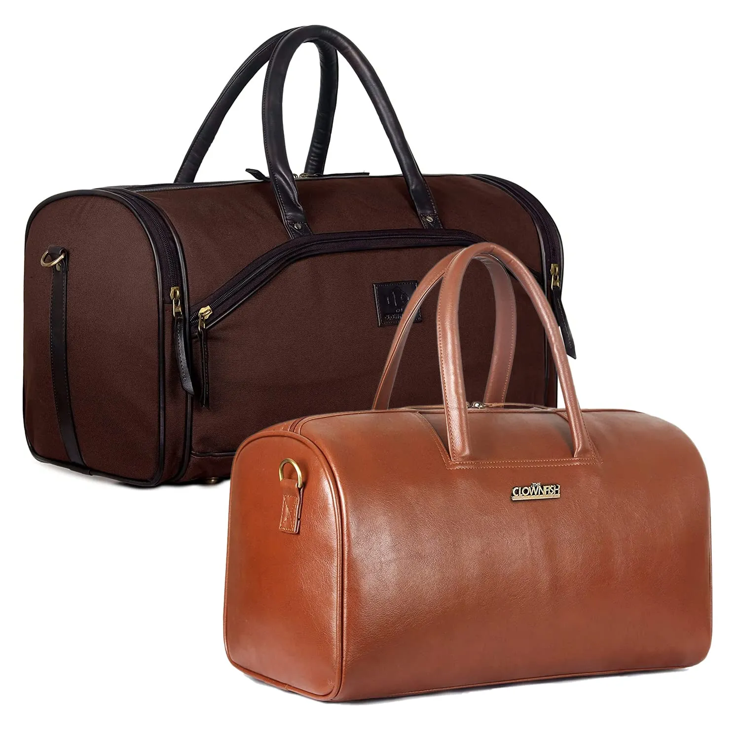 The Clownfish Combo of Vintage 33 liters Faux Leather Duffel Travel Bag (Caramel) & The Clownfish Rio 34 litres Canvas with Faux Leather Travel Duffle Bag (Dark Brown)