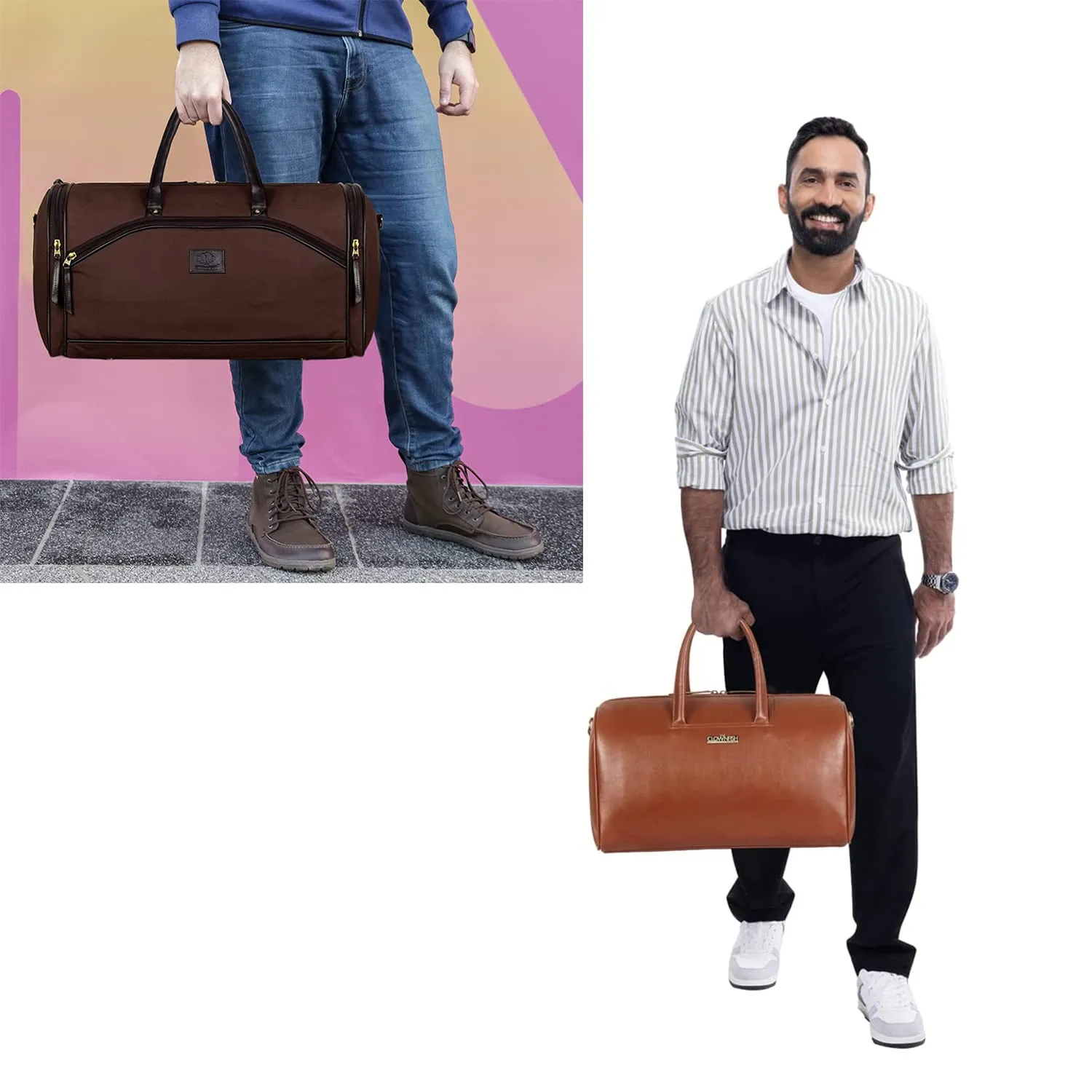 The Clownfish Combo of Vintage 33 liters Faux Leather Duffel Travel Bag (Caramel) & The Clownfish Rio 34 litres Canvas with Faux Leather Travel Duffle Bag (Dark Brown)