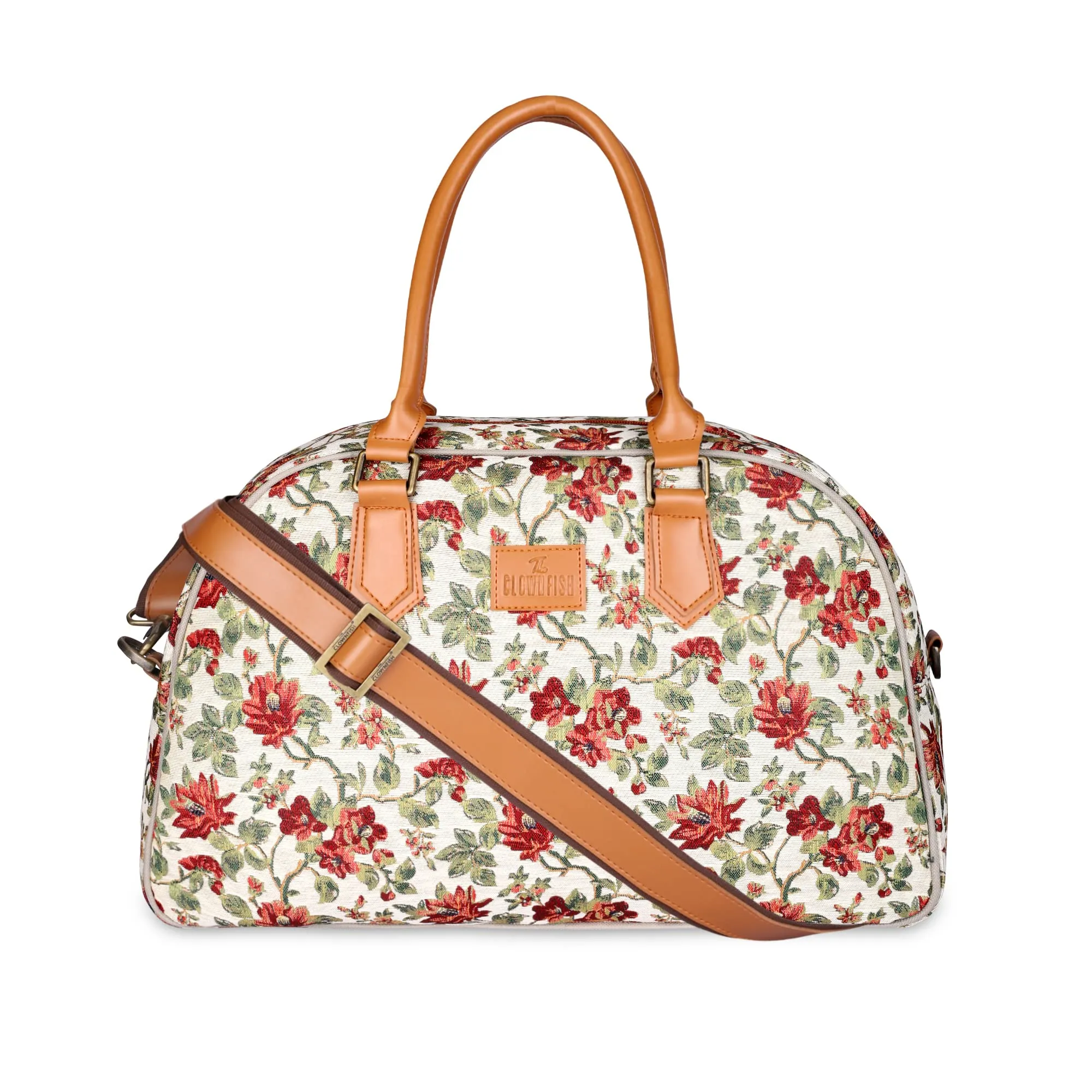 The Clownfish Ziana Series 24 litres Tapestry & Faux Leather Unisex Travel Duffle Bag Luggage Weekender Bag (Off White-Floral)