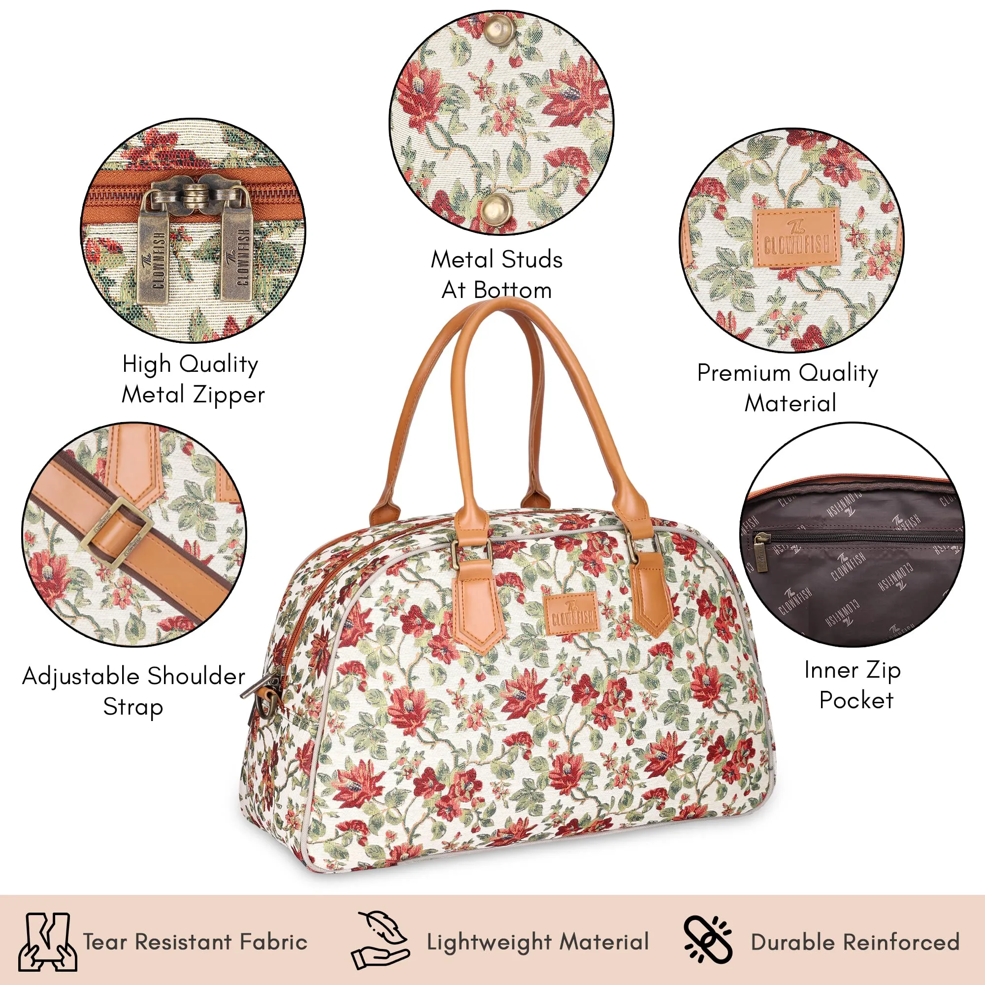 The Clownfish Ziana Series 24 litres Tapestry & Faux Leather Unisex Travel Duffle Bag Luggage Weekender Bag (Off White-Floral)