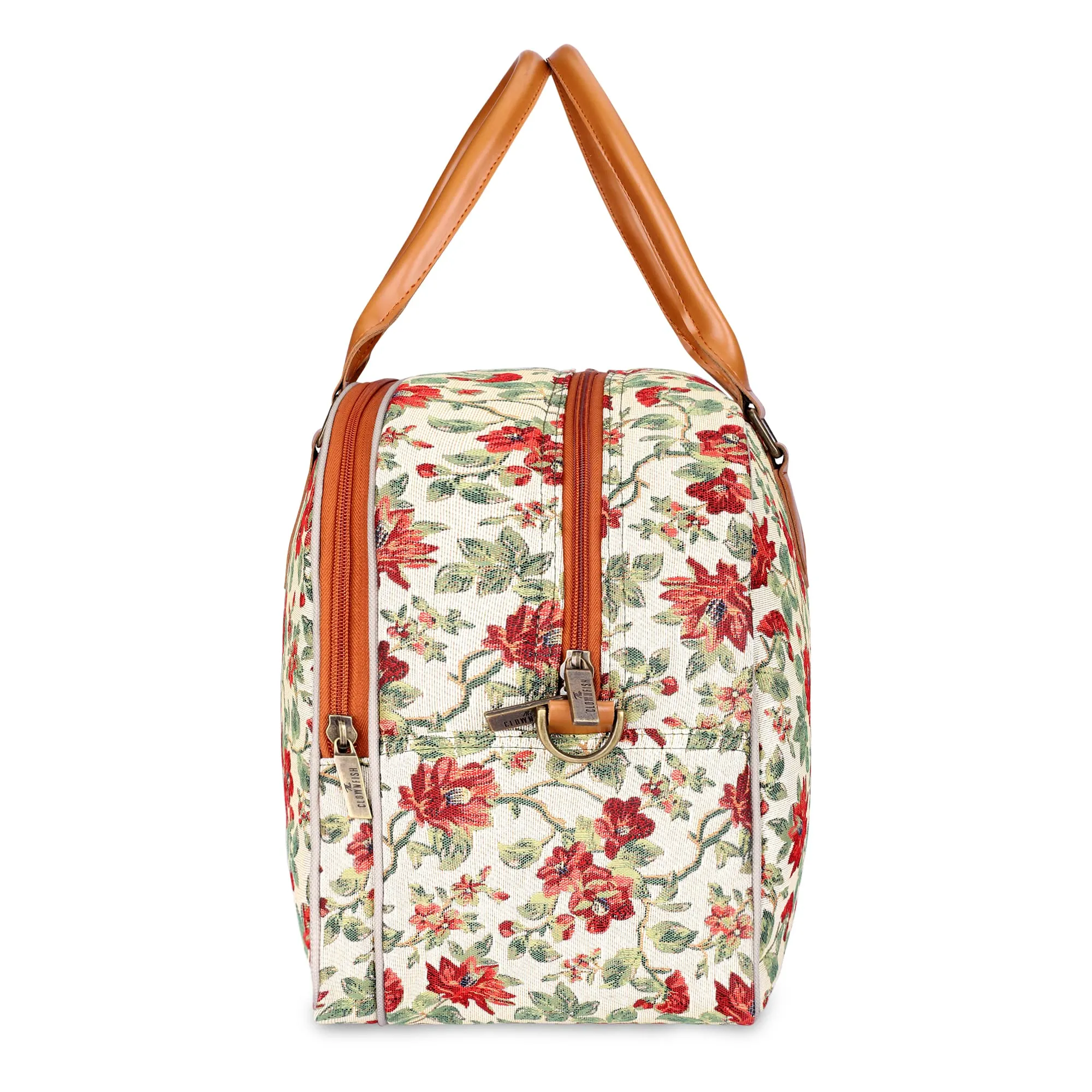 The Clownfish Ziana Series 24 litres Tapestry & Faux Leather Unisex Travel Duffle Bag Luggage Weekender Bag (Off White-Floral)