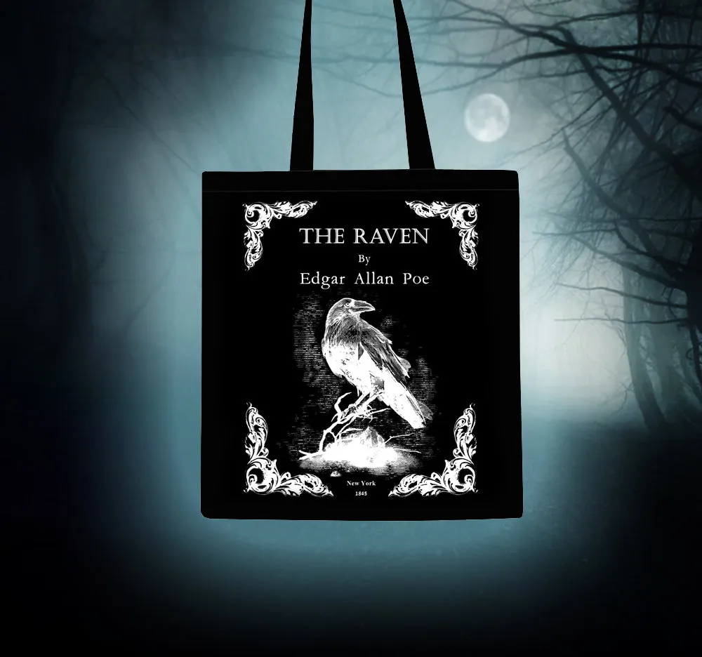 The Raven by Edgar Allan Poe tote bag. Black Handbag with The Raven book design. Book Bag. Library bag. Black Bag. Edgar Allan Poe Gift