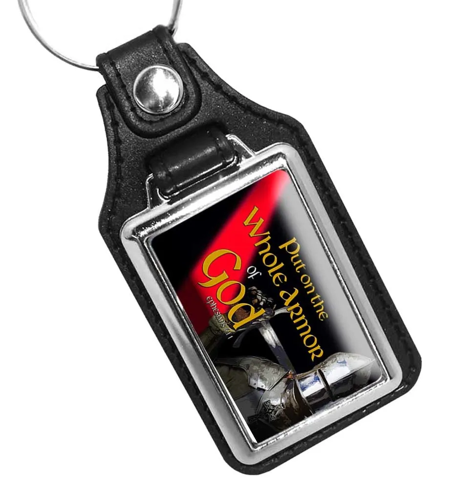 Thin Red Line for Firefighters Put On The Whole Armor of God Design Faux Leather Key Ring