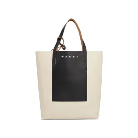 Tribeca Shopping Bag with Front Pocket in Silk White/Black