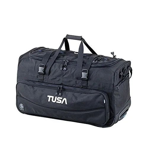 TUSA Dive Gear Roller Duffle Bag in Black w/DiveCatalog's Sticker & Blue BCD and Regulator Hanger