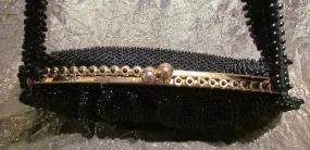 Vintage Black Beaded Purse 1930s Lumured Corde-Bead Handbag Art Deco