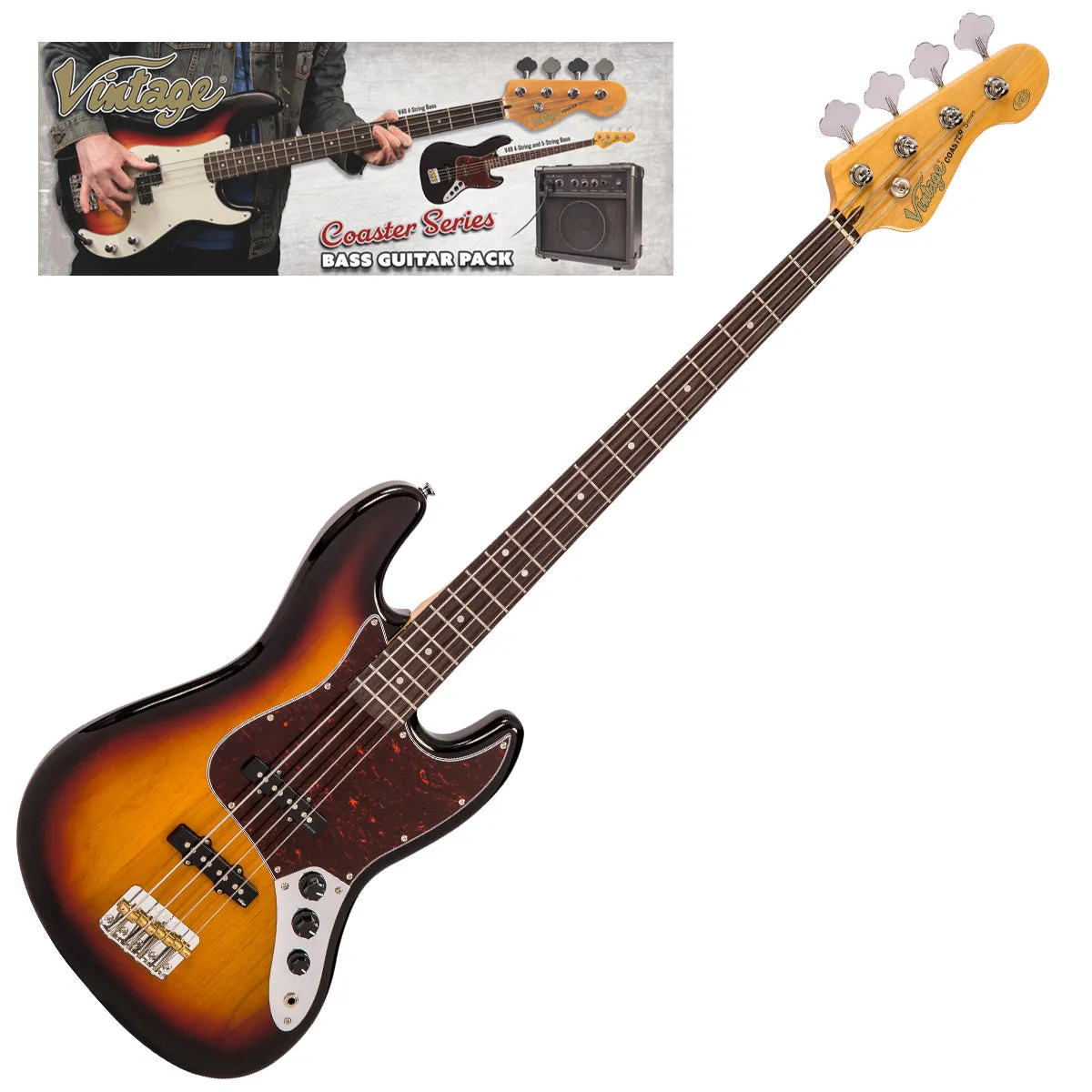 Vintage V49 Coaster Series Bass Guitar Pack ~ 3 Tone Sunburst