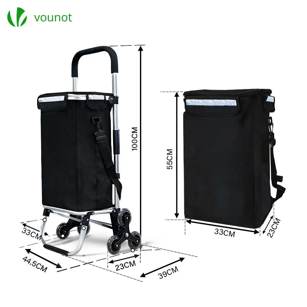 VOUNOT Folding Shopping Trolley on 6 Wheels, Aluminium Lightweight Shopping Cart with Insulated Cooling Bag, 57L, Black