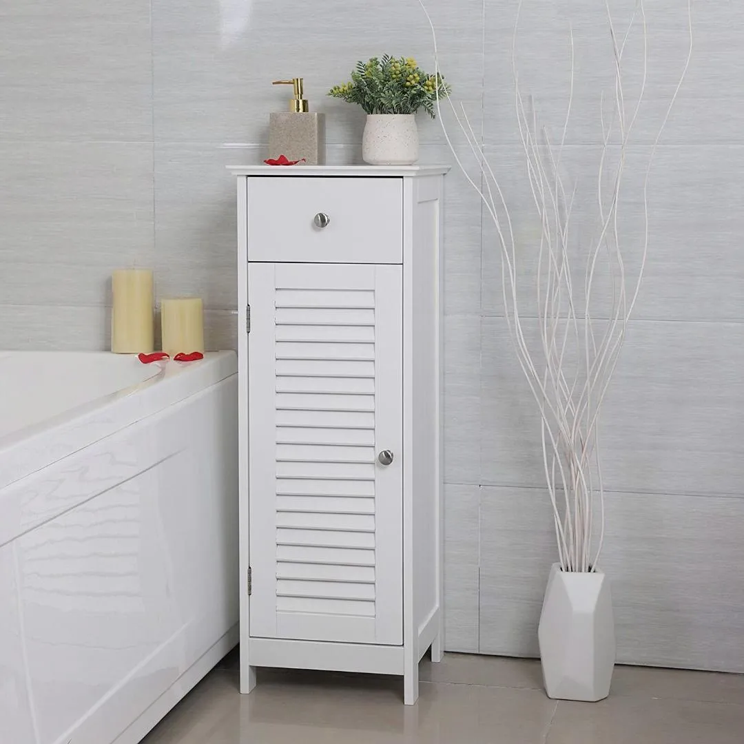 White Slim Bathroom Storage Floor Cabinet with Louver Door and Drawer