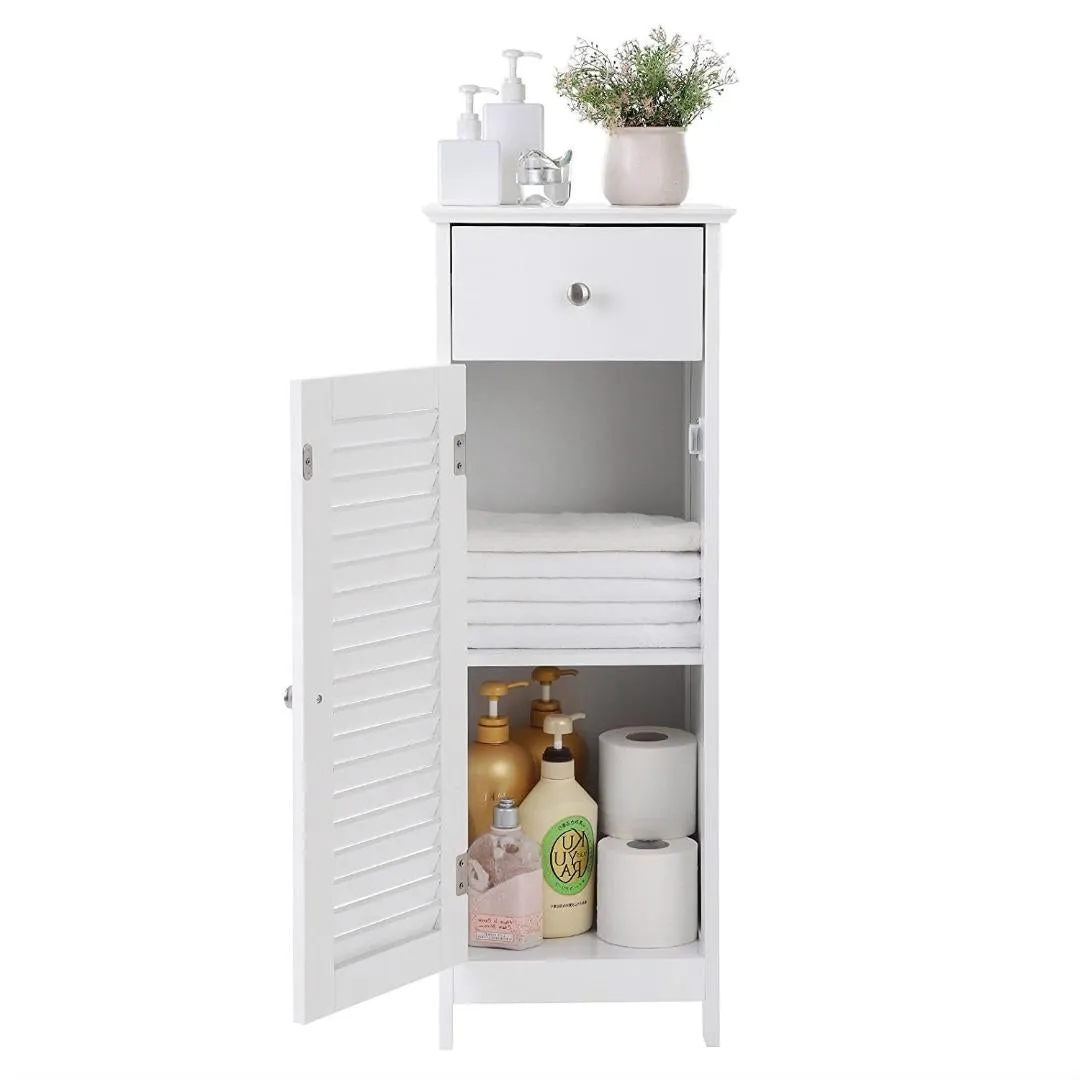 White Slim Bathroom Storage Floor Cabinet with Louver Door and Drawer