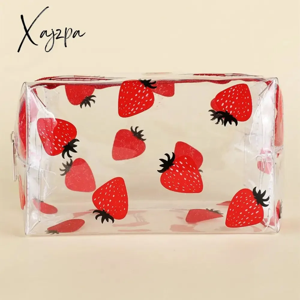 Xajzpa - Clear Makeup Bag Fashion Transparent Travel Portable Mini Wash Storage Bags Strawberry Flower Print Women Zipper Cosmetic Bag