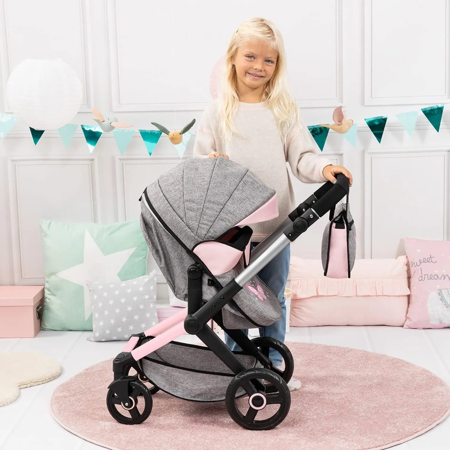 Xeo-Combi Dolls Pram - Grey and Pink