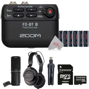 Zoom F2-BT Ultra Compact Bluetooth Enabled Portable Field Recorder with Lavalier Microphone   Extra Batteries   32GB MicroSD Card    Zoom ZDM-1 Podcast Mic Pack Accessory Bundle